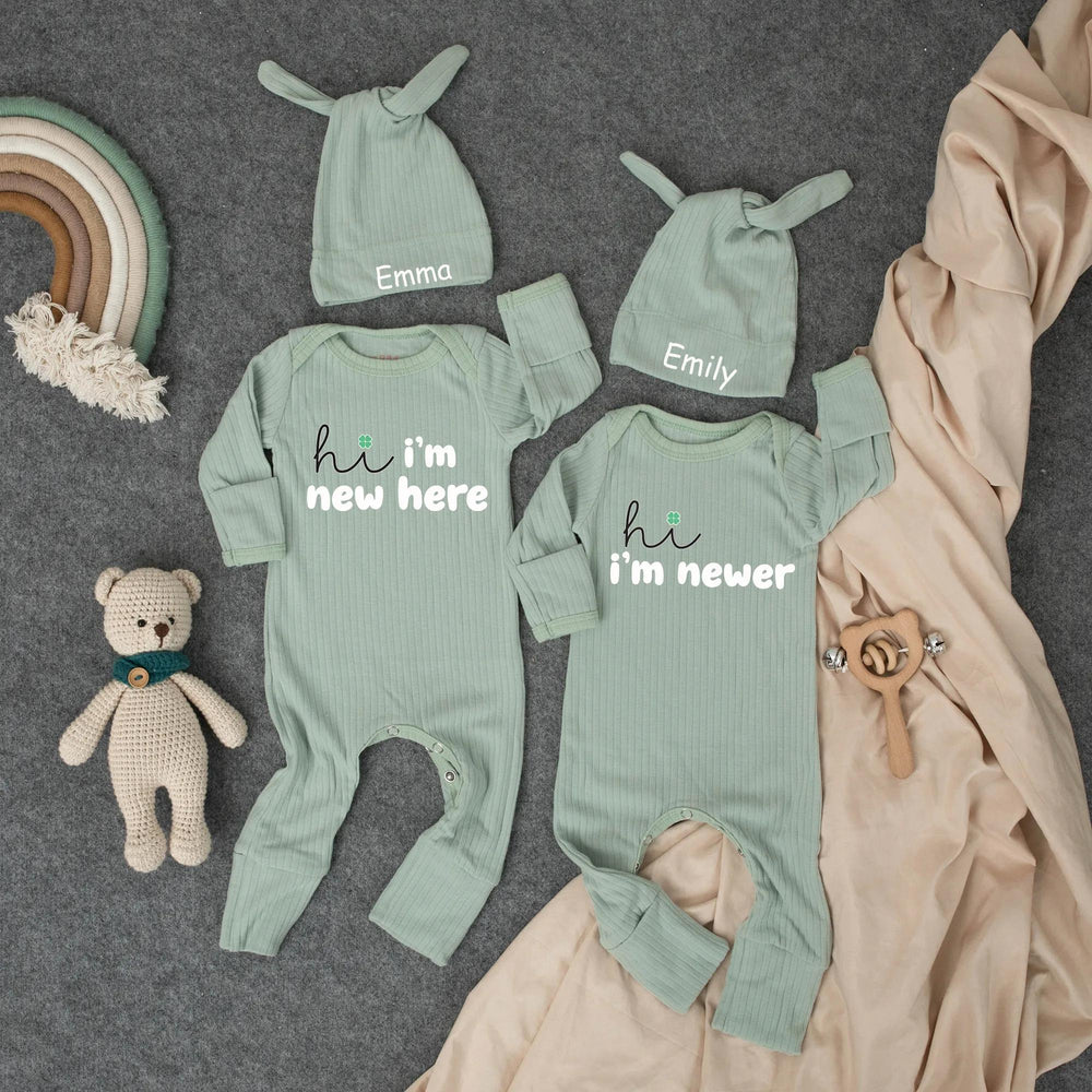 Hi I'm New Here Bodysuit and Hat Set for Twins Baby Custom Names Coral Embroidery Newborn Coming Home Outfit Announcement Gift