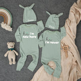 Hi I'm New Here Bodysuit and Hat Set for Twins Baby Custom Names Coral Embroidery Newborn Coming Home Outfit Announcement Gift