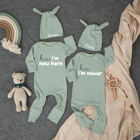 Hi I'm New Here Bodysuit and Hat Set for Twins Baby Custom Names Coral Embroidery Newborn Coming Home Outfit Announcement Gift
