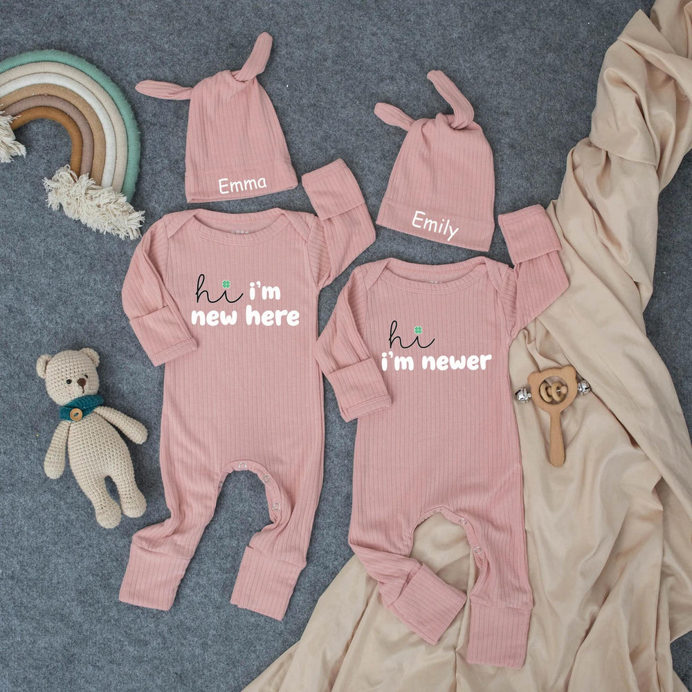 Hi I'm New Here Bodysuit and Hat Set for Twins Baby Custom Names Coral Embroidery Newborn Coming Home Outfit Announcement Gift