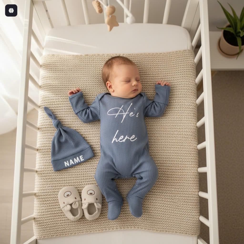 Hi I’m New Here Personalized Baby Bodysuit and Hat Set Gender Neutral Newborn Coming Home Outfit Soft Cotton Design for Boy or Girl