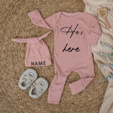 Hi I’m New Here Personalized Baby Bodysuit and Hat Set Gender Neutral Newborn Coming Home Outfit Soft Cotton Design for Boy or Girl