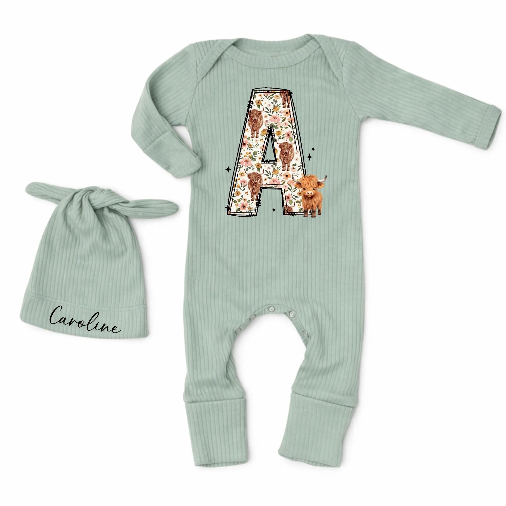 Highland Cow Floral Monogram Baby Bodysuit with Matching Custom Name Hat, Farm-Themed Baby Shower Gift for Girls