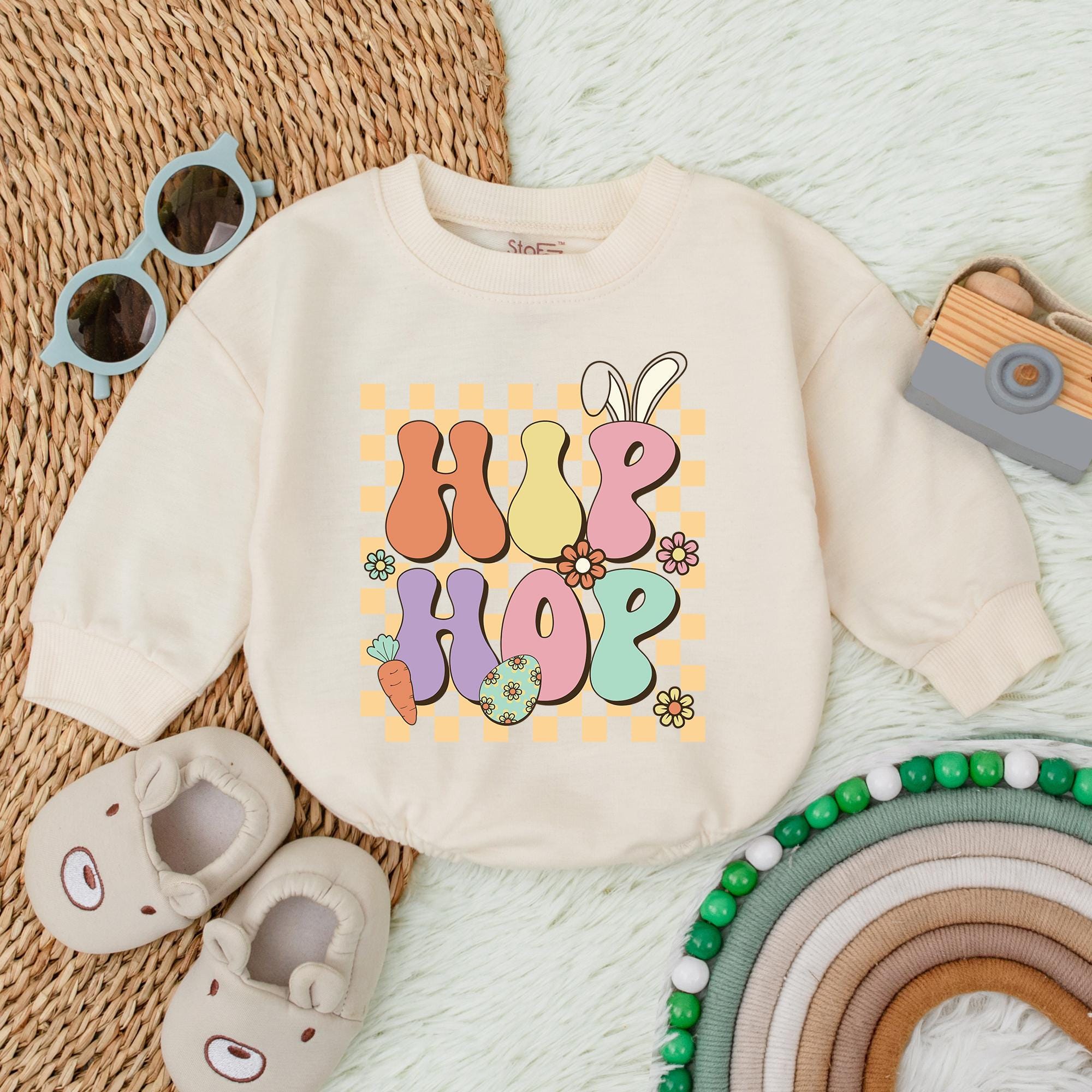 Hip Hop Bunny Baby Romper Easter Bodysuit with Pastel Checkered Floral Design Gift for Girls Playful First Holiday Outfit