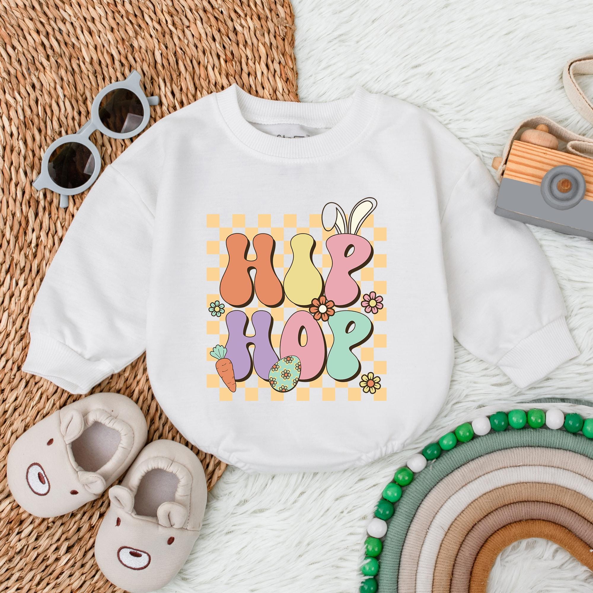 Hip Hop Bunny Baby Romper Easter Bodysuit with Pastel Checkered Floral Design Gift for Girls Playful First Holiday Outfit