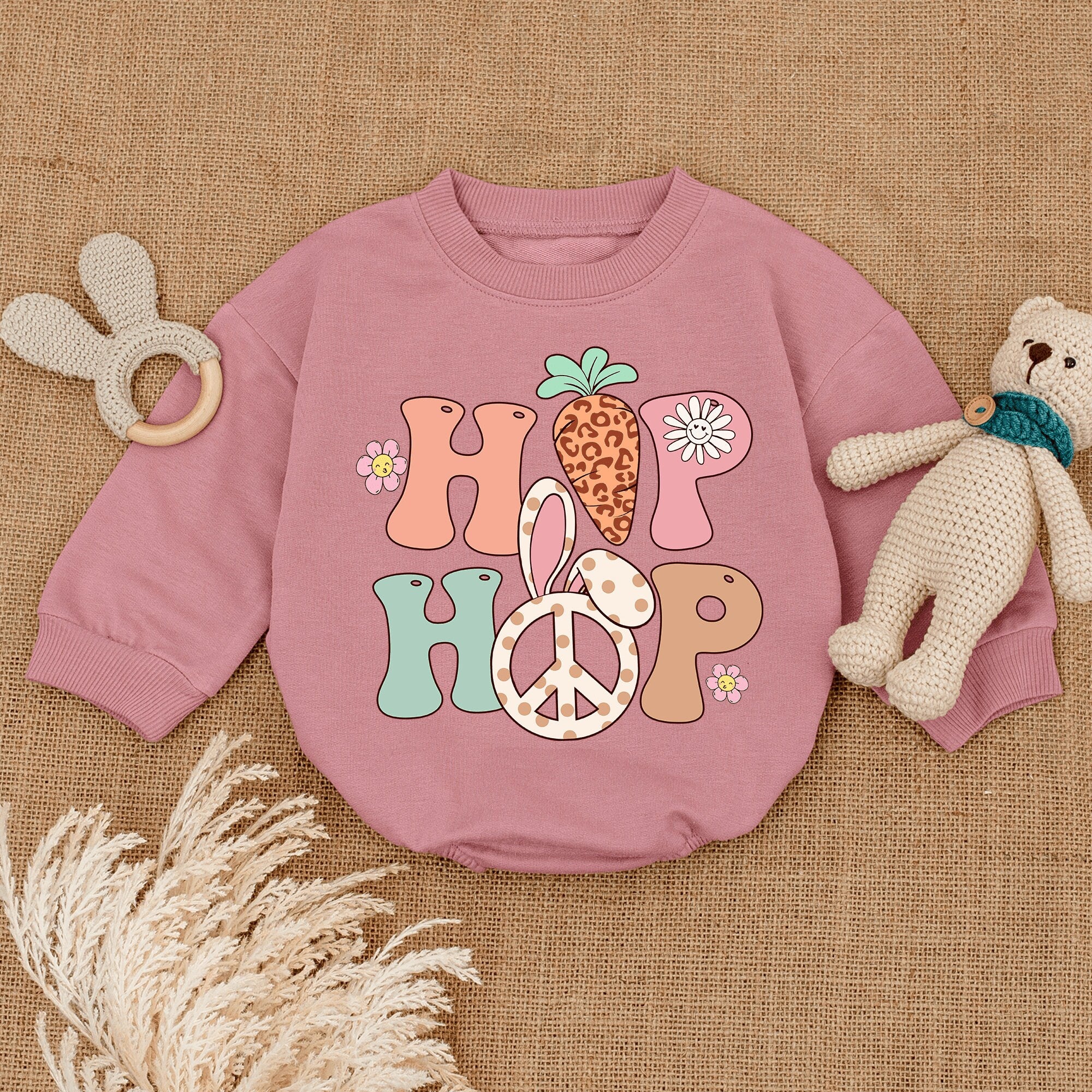 Hip Hop Easter Baby Romper Soft Pastels Bunny Flowers Newborn Gift Toddler Girl Outfit Retro Infant Bodysuit Comfortable Cotton