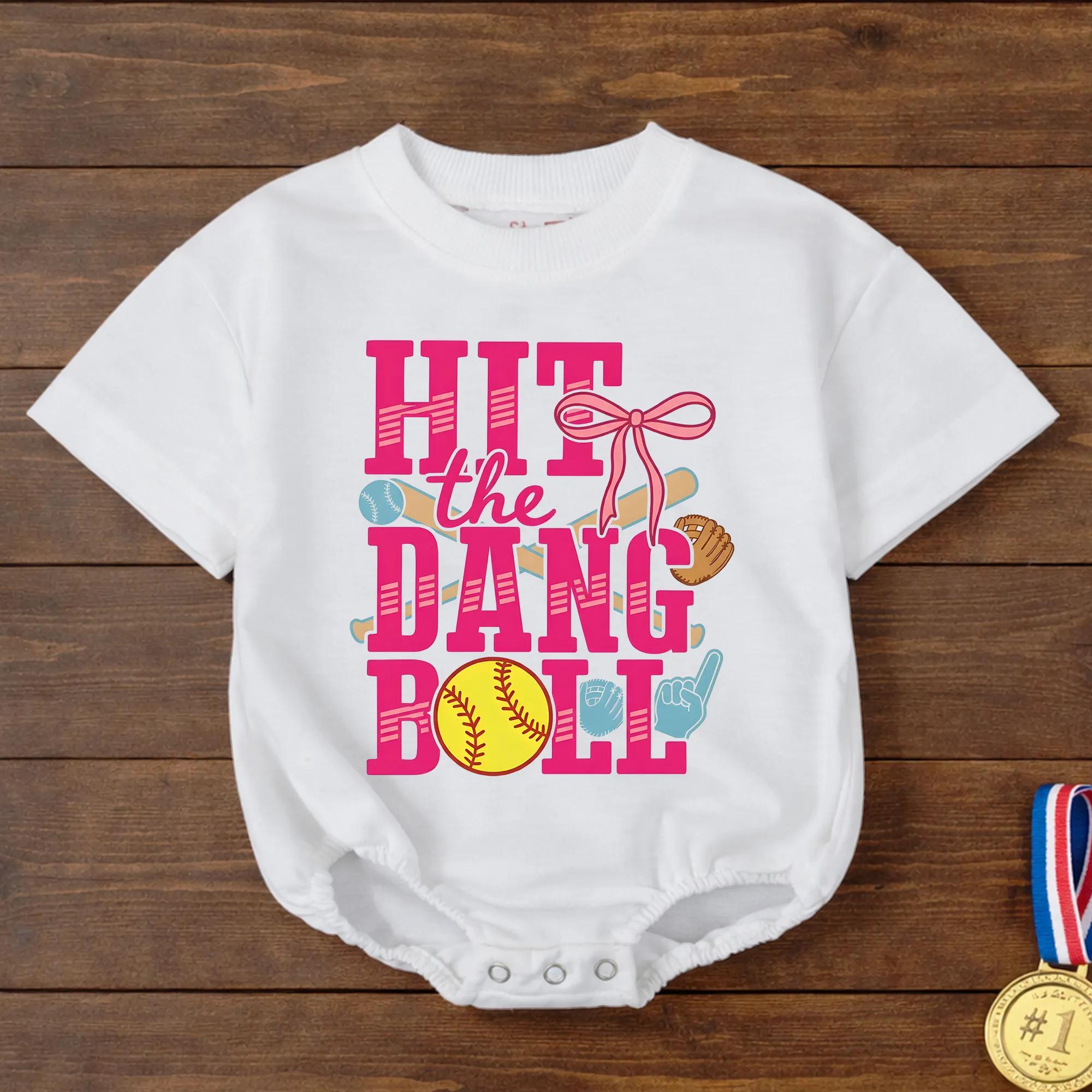 Hit The Dang Ball Softball Baby Bubble Romper with Pink Graphic, Girl Game Day Outfit for Little Slugger Baseball Lover