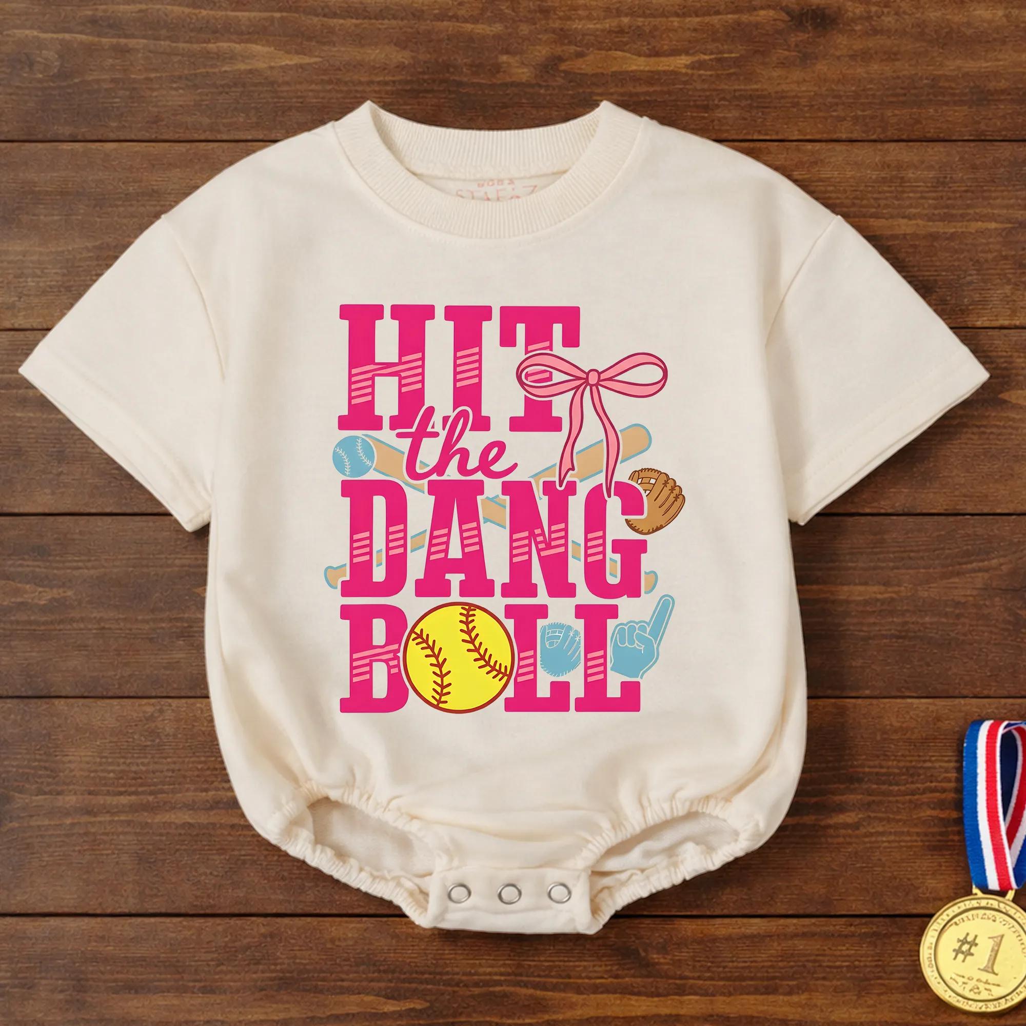 Hit The Dang Ball Softball Baby Bubble Romper with Pink Graphic, Girl Game Day Outfit for Little Slugger Baseball Lover