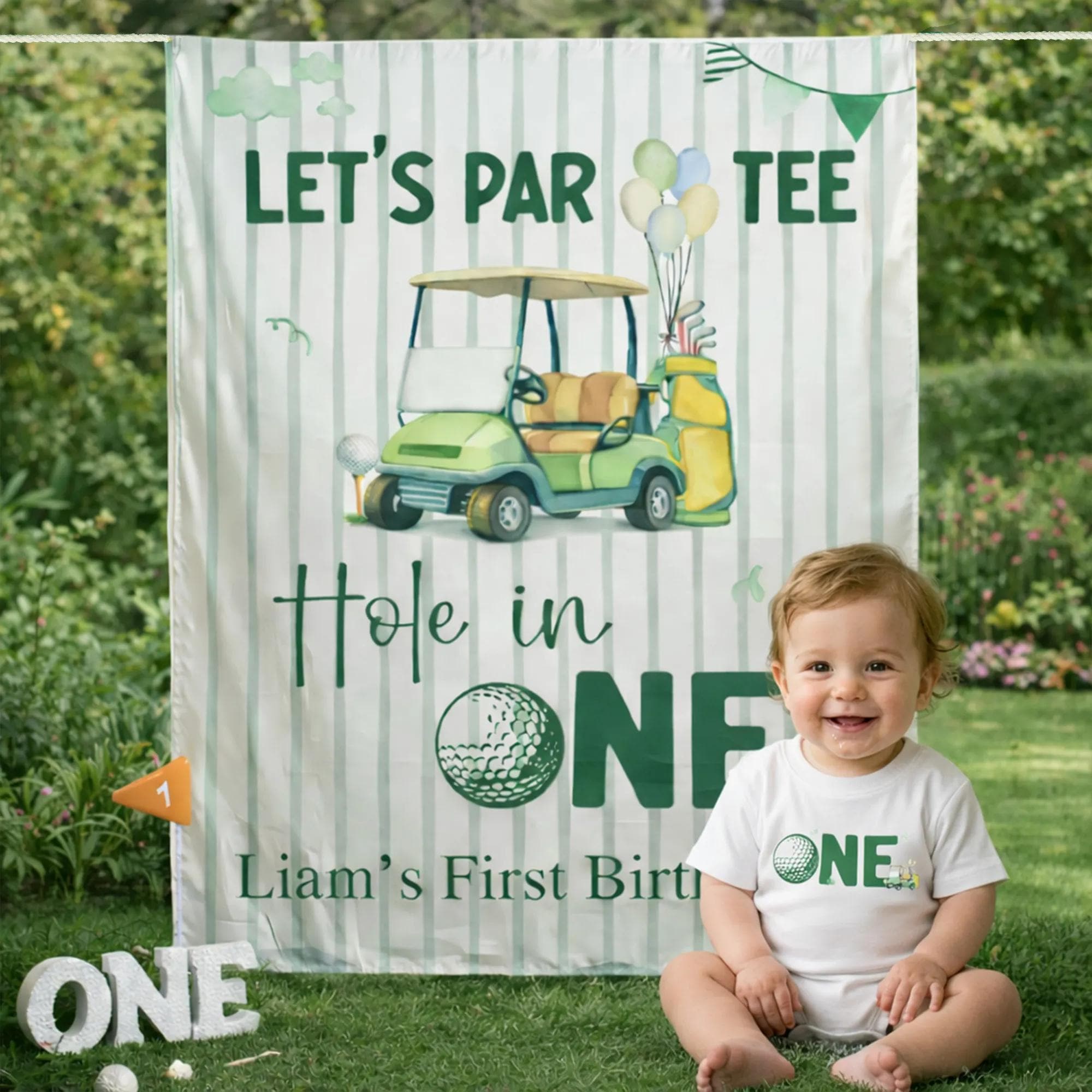 Hole in One Birthday Boy Outfit with Golf Cart Design, Personalized First Birthday Romper and Silk Banner, Custom Party Decor Baby Gift