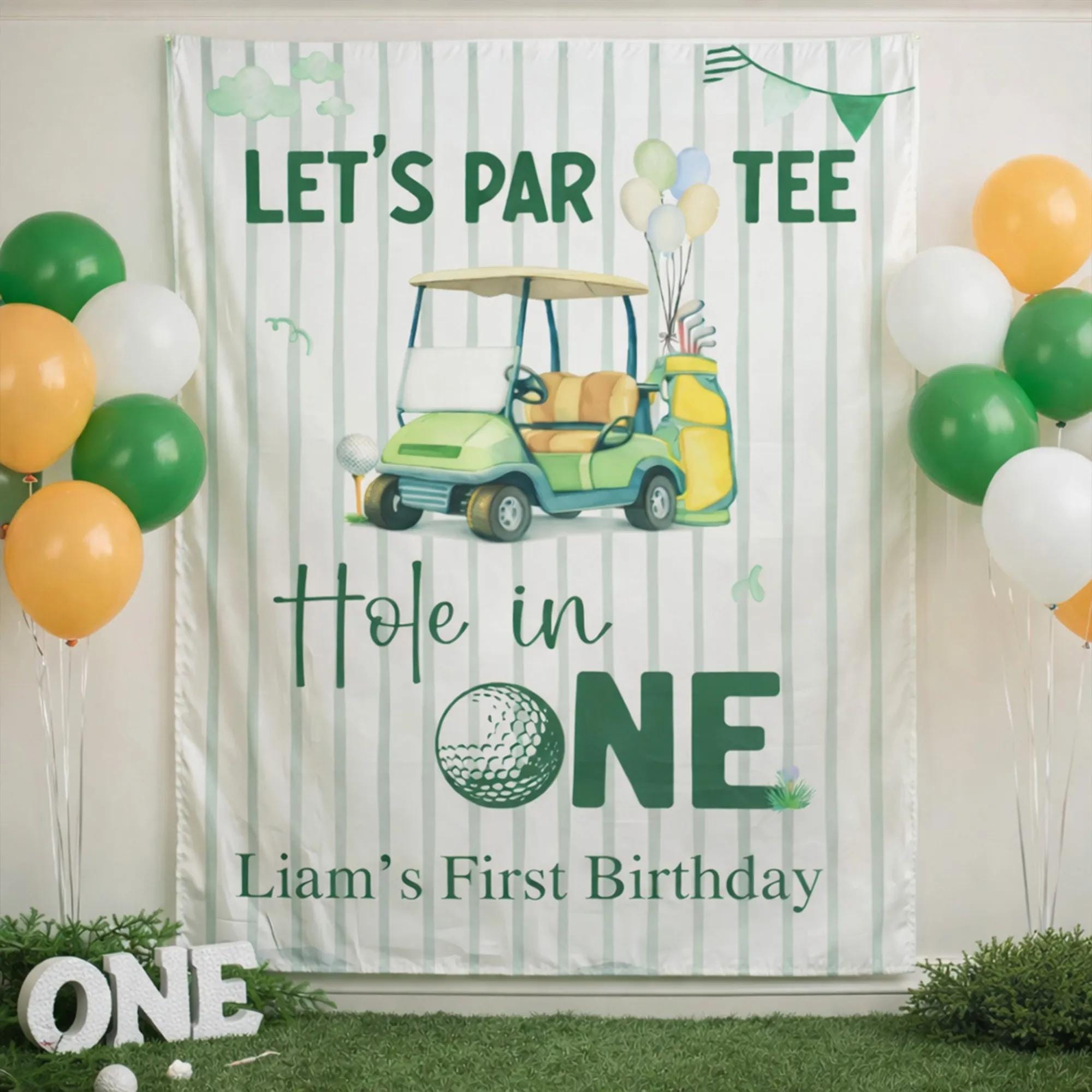 Hole in One Birthday Boy Outfit with Golf Cart Design, Personalized First Birthday Romper and Silk Banner, Custom Party Decor Baby Gift