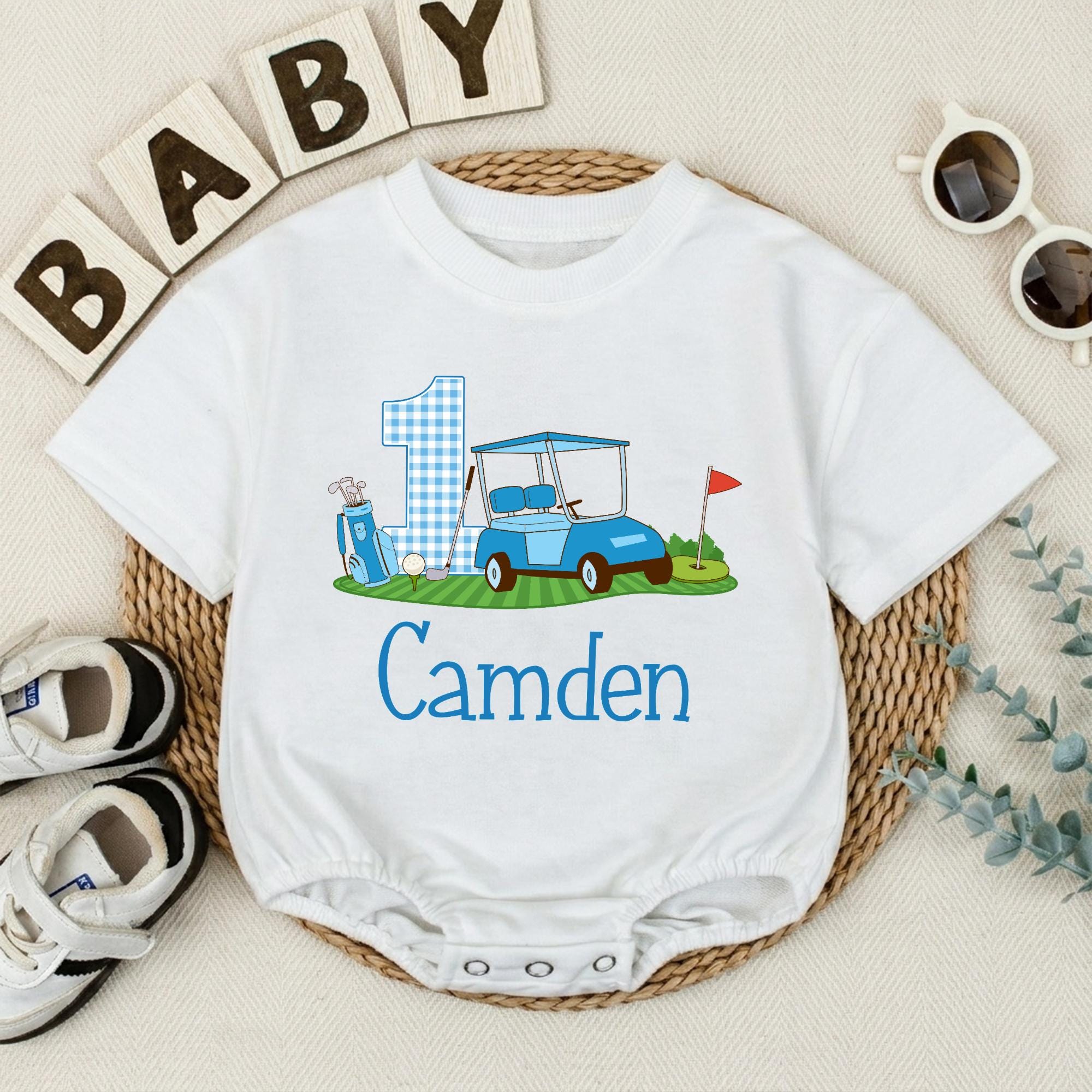 Hole in One Golf Birthday Baby Romper with Custom Name, 1st Birthday Outfit for Boys, Golf Cart and Flag Design, Baby Shower Gift