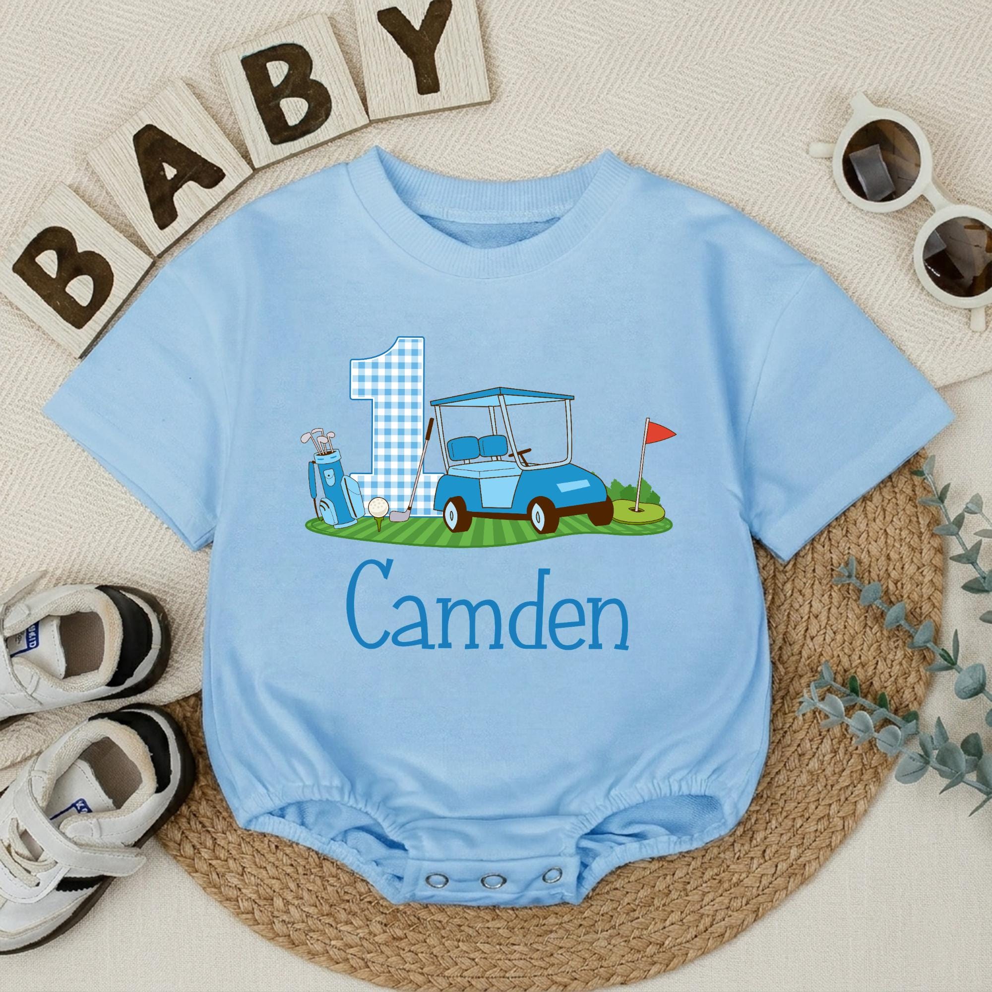 Hole in One Golf Birthday Baby Romper with Custom Name, 1st Birthday Outfit for Boys, Golf Cart and Flag Design, Baby Shower Gift