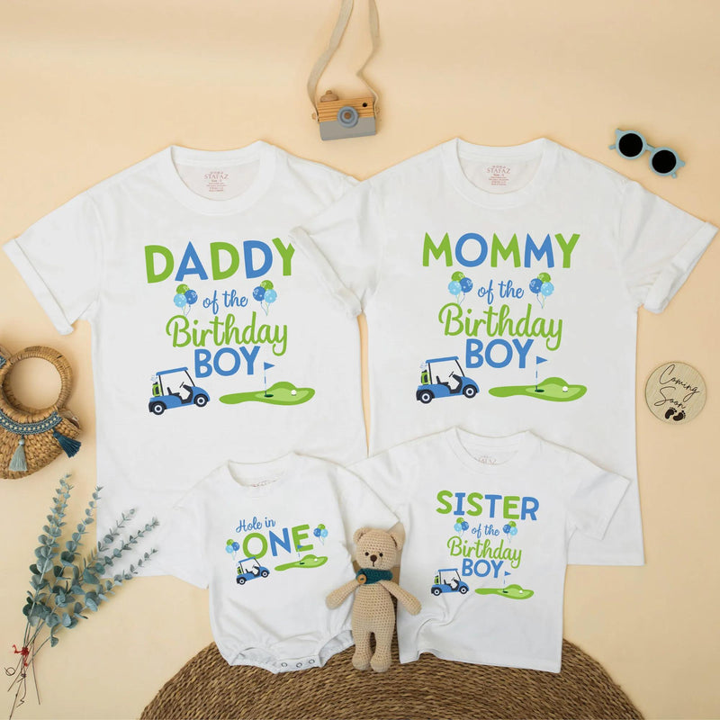 Hole in One Golf Birthday Matching Family Shirts for Mom, Dad, Sister, Boy’s First Birthday Party Outfit with Fun Blue Green Design