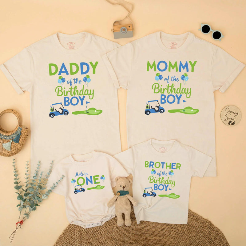 Hole in One Golf Birthday Matching Family Shirts for Mom, Dad, Sister, Boy’s First Birthday Party Outfit with Fun Blue Green Design
