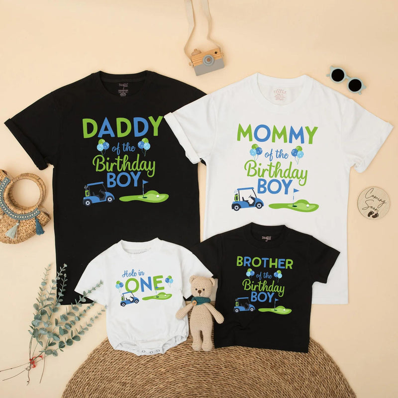 Hole in One Golf Birthday Matching Family Shirts for Mom, Dad, Sister, Boy’s First Birthday Party Outfit with Fun Blue Green Design