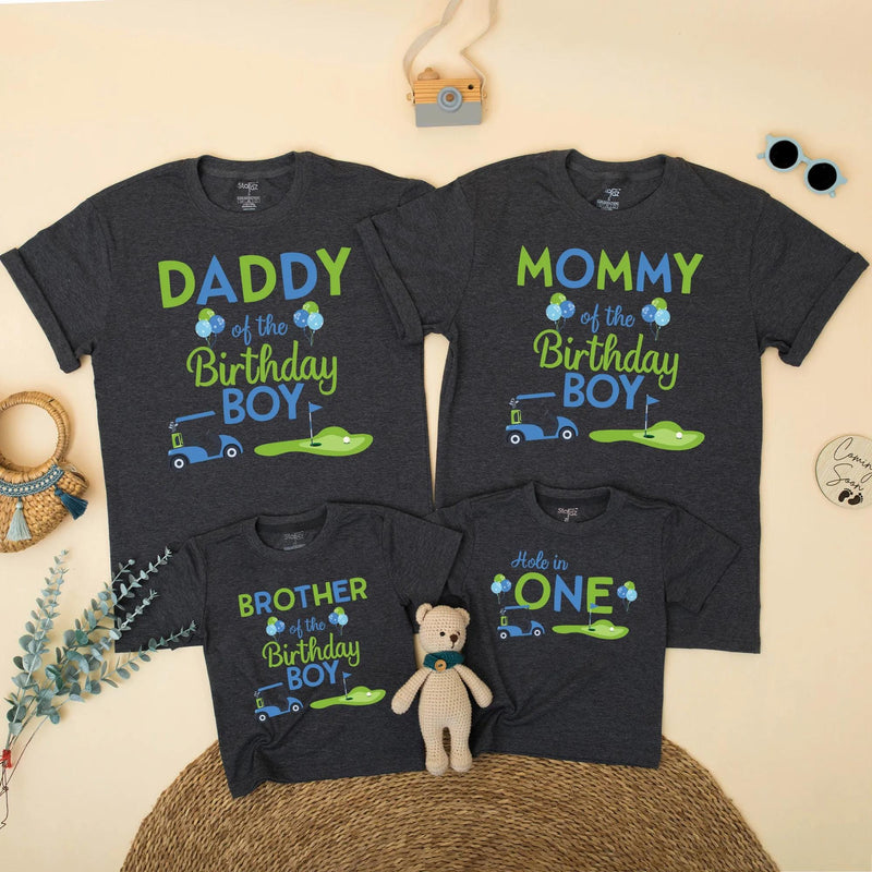 Hole in One Golf Birthday Matching Family Shirts for Mom, Dad, Sister, Boy’s First Birthday Party Outfit with Fun Blue Green Design