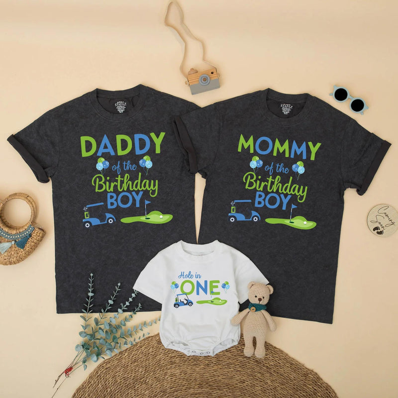 Hole in One Golf Birthday Matching Family Shirts for Mom, Dad, Sister, Boy’s First Birthday Party Outfit with Fun Blue Green Design