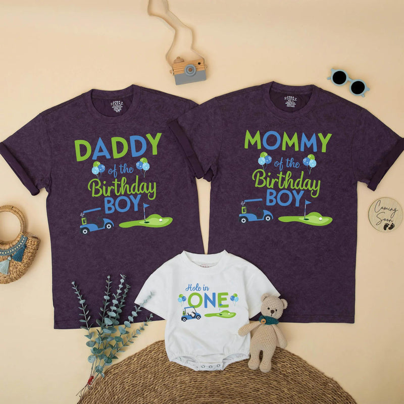 Hole in One Golf Birthday Matching Family Shirts for Mom, Dad, Sister, Boy’s First Birthday Party Outfit with Fun Blue Green Design