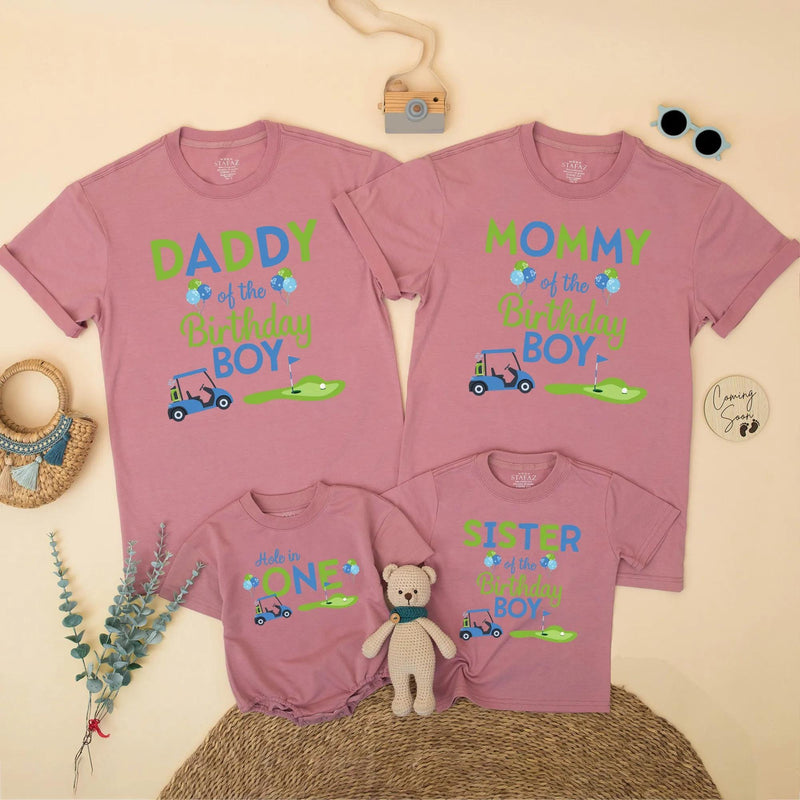 Hole in One Golf Birthday Matching Family Shirts for Mom, Dad, Sister, Boy’s First Birthday Party Outfit with Fun Blue Green Design