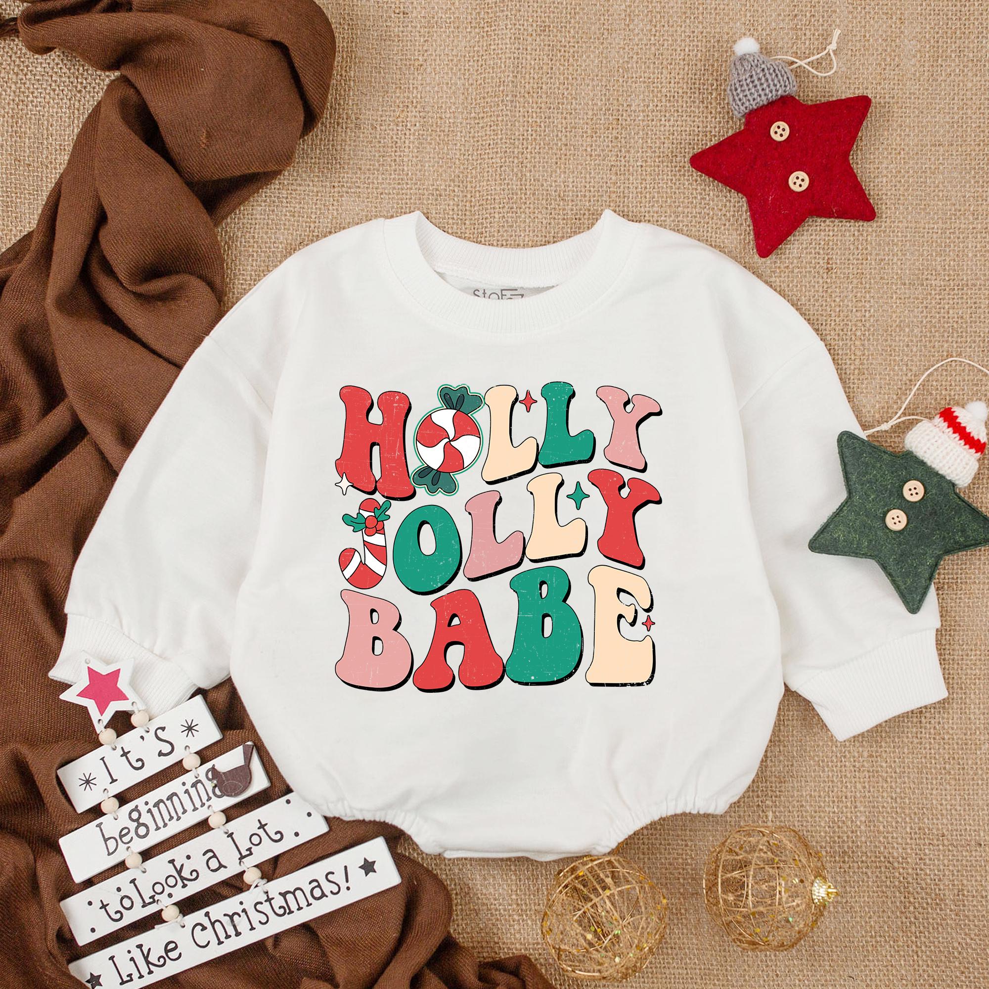 Holly Jolly Babe Christmas Romper for Baby Festive First Holiday Outfit Vibrant Red Green Pink Design with Holly Leaves Candy Cane Stripes