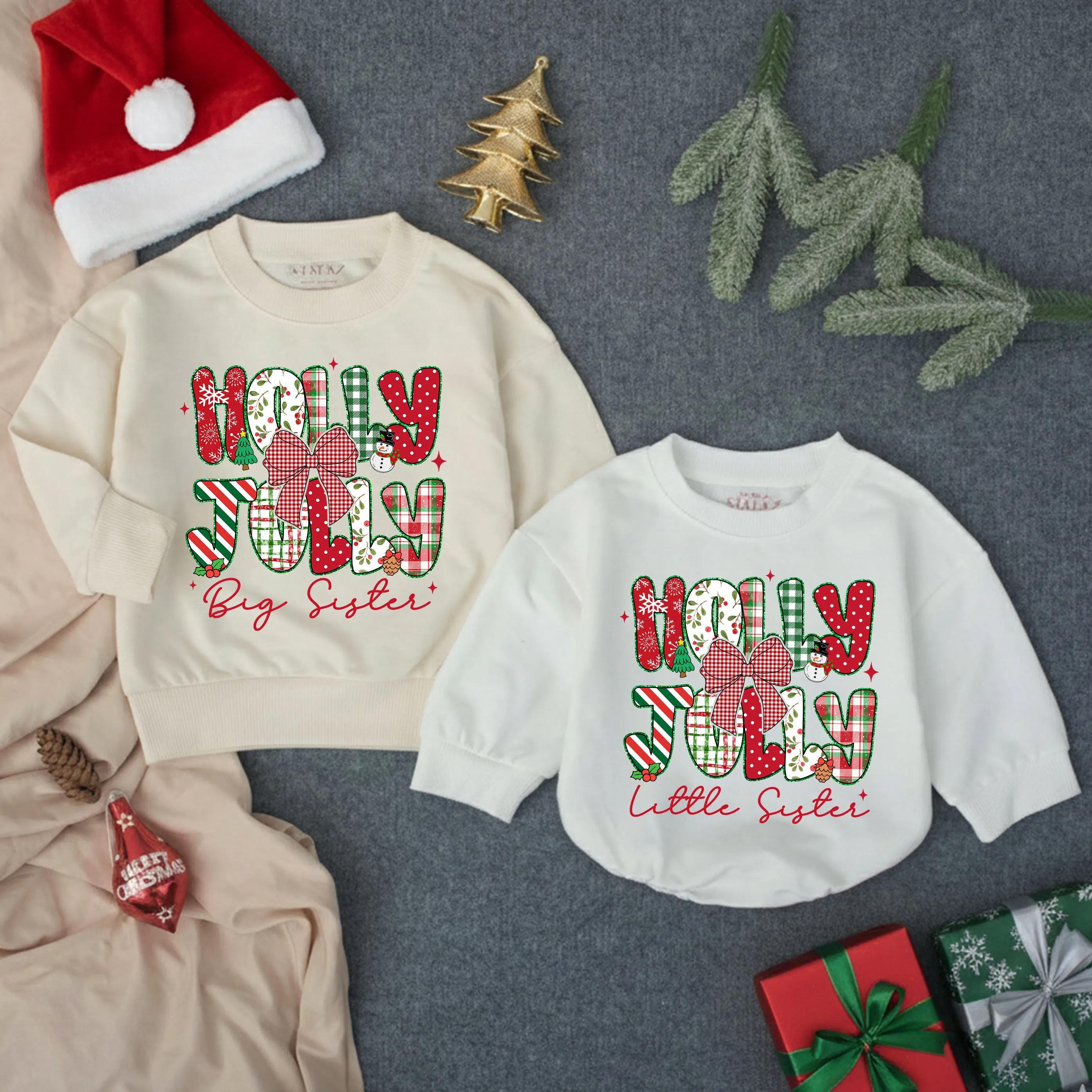 Holly Jolly Big Sister Little Sister Matching Christmas Sweatshirts, Toddler Holiday Outfits with Custom Names for Siblings