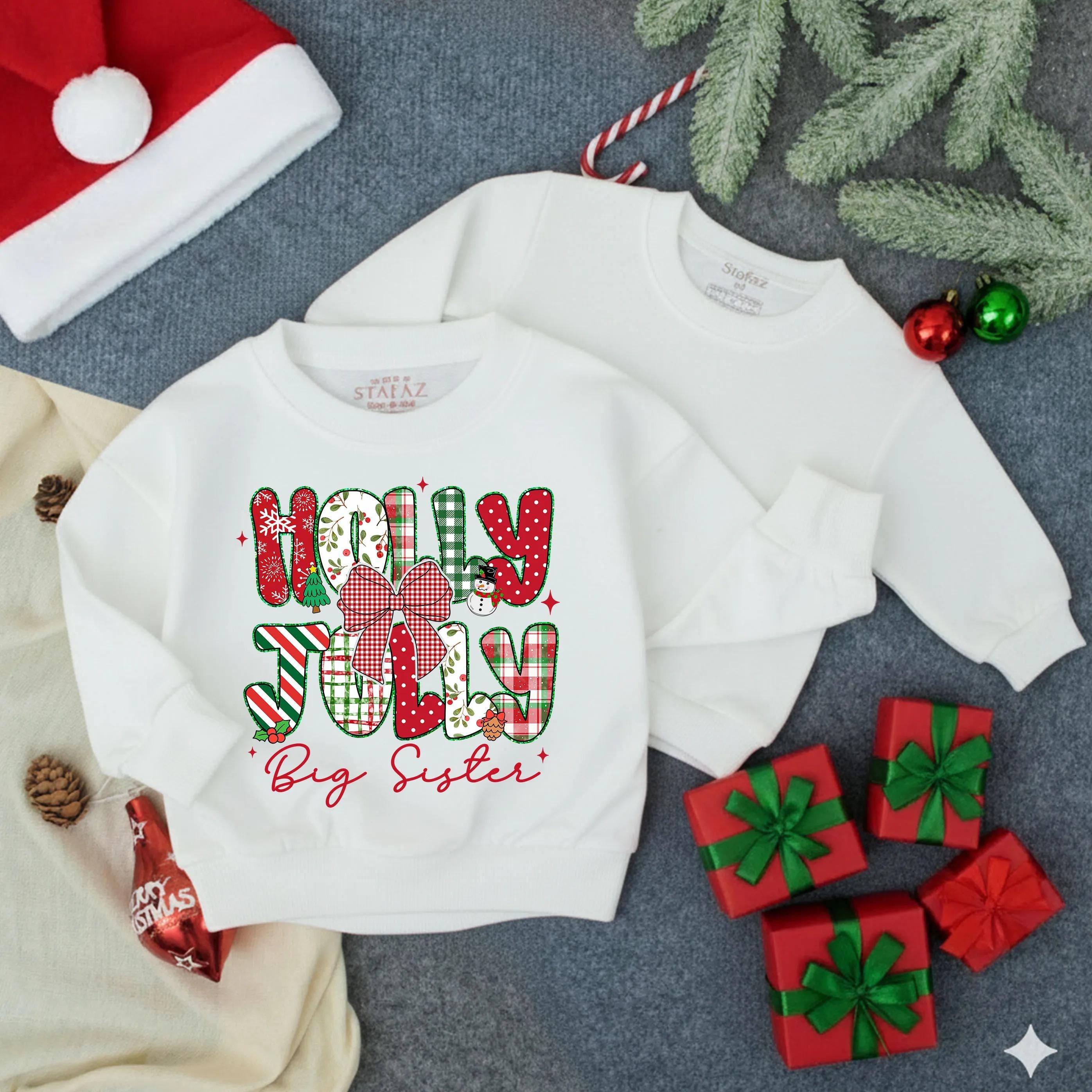 Holly Jolly Big Sister Little Sister Matching Christmas Sweatshirts, Toddler Holiday Outfits with Custom Names for Siblings