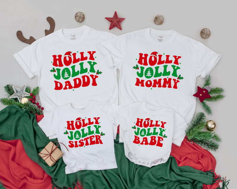 Holly Jolly Matching Family Christmas Shirts Personalized Retro Holiday Design Mommy and Me Outfit Custom Names Festive Cotton Gift