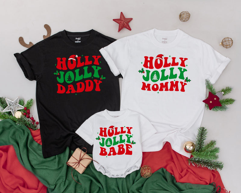Holly Jolly Matching Family Christmas Shirts Personalized Retro Holiday Design Mommy and Me Outfit Custom Names Festive Cotton Gift