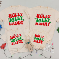 Holly Jolly Matching Family Christmas Shirts Personalized Retro Holiday Design Mommy and Me Outfit Custom Names Festive Cotton Gift