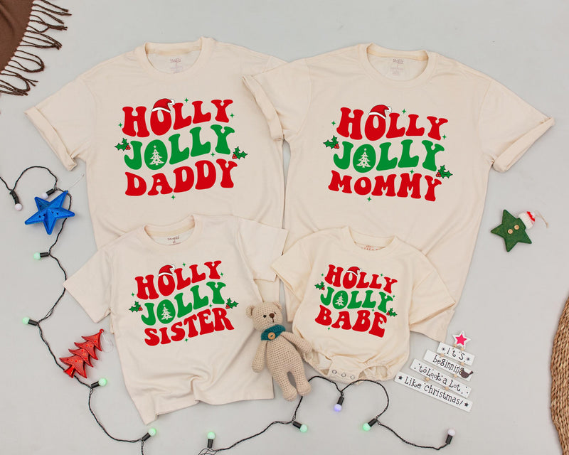 Holly Jolly Matching Family Christmas Shirts Personalized Retro Holiday Design Mommy and Me Outfit Custom Names Festive Cotton Gift