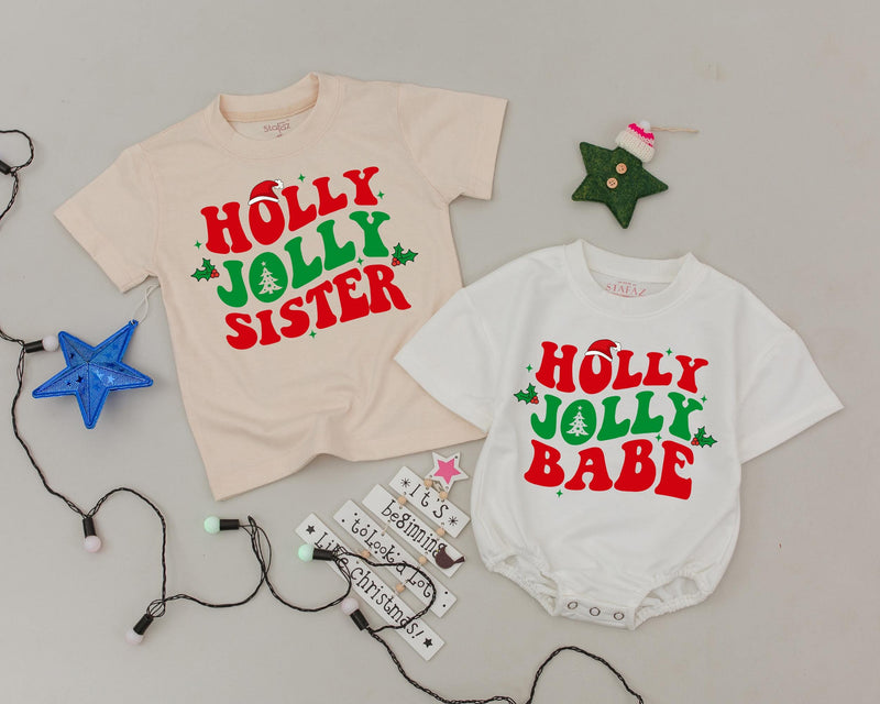 Holly Jolly Matching Family Christmas Shirts Personalized Retro Holiday Design Mommy and Me Outfit Custom Names Festive Cotton Gift