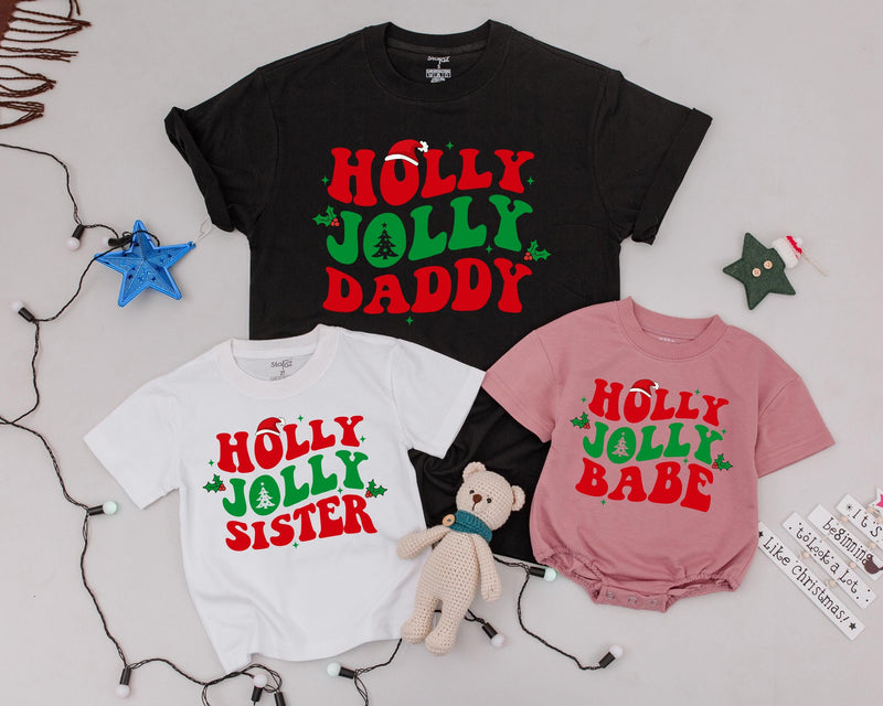 Holly Jolly Matching Family Christmas Shirts Personalized Retro Holiday Design Mommy and Me Outfit Custom Names Festive Cotton Gift