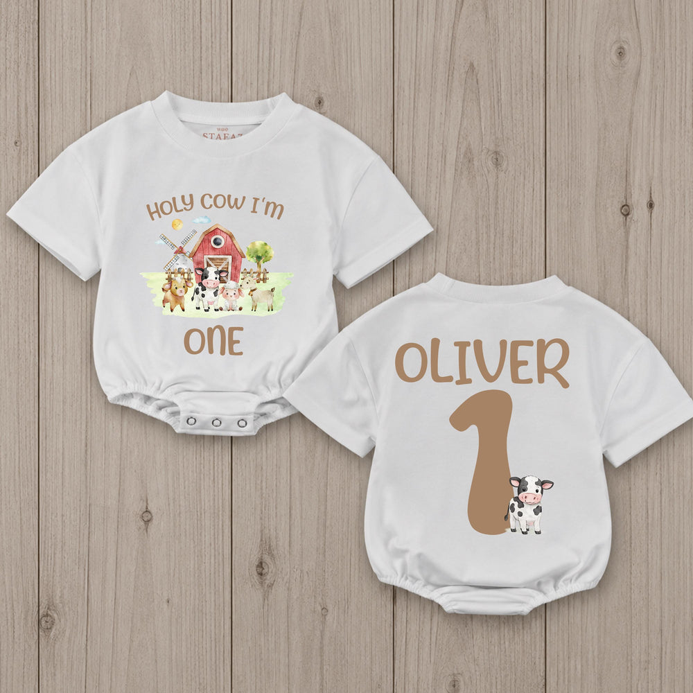 Holy Cow I'm One Birthday Romper with Barnyard Animals Personalized Baby Outfit for First Birthday Party Boy or Girl Farm-Themed Clothes