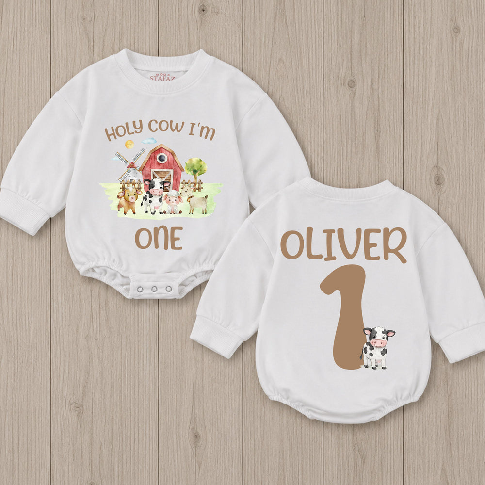 Holy Cow I'm One Birthday Romper with Barnyard Animals Personalized Baby Outfit for First Birthday Party Boy or Girl Farm-Themed Clothes