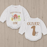 Holy Cow I'm One Birthday Romper with Barnyard Animals Personalized Baby Outfit for First Birthday Party Boy or Girl Farm-Themed Clothes