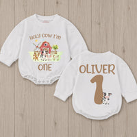 Holy Cow I'm One Birthday Romper with Barnyard Animals Personalized Baby Outfit for First Birthday Party Boy or Girl Farm-Themed Clothes