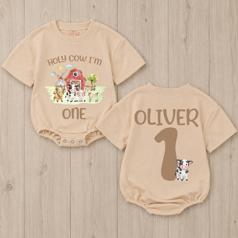 Holy Cow I'm One Birthday Romper with Barnyard Animals Personalized Baby Outfit for First Birthday Party Boy or Girl Farm-Themed Clothes