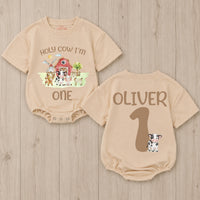 Holy Cow I'm One Birthday Romper with Barnyard Animals Personalized Baby Outfit for First Birthday Party Boy or Girl Farm-Themed Clothes
