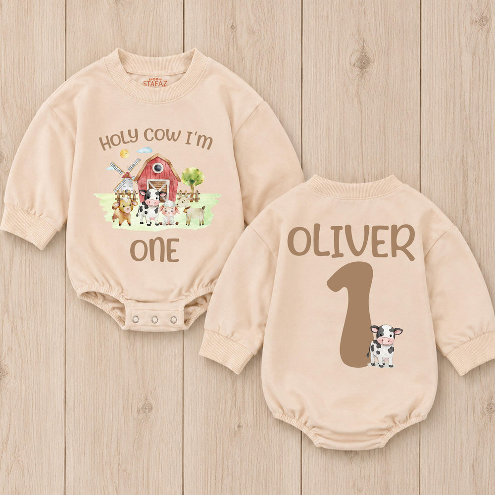 Holy Cow I'm One Birthday Romper with Barnyard Animals Personalized Baby Outfit for First Birthday Party Boy or Girl Farm-Themed Clothes