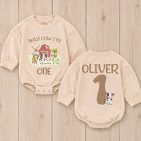Holy Cow I'm One Birthday Romper with Barnyard Animals Personalized Baby Outfit for First Birthday Party Boy or Girl Farm-Themed Clothes