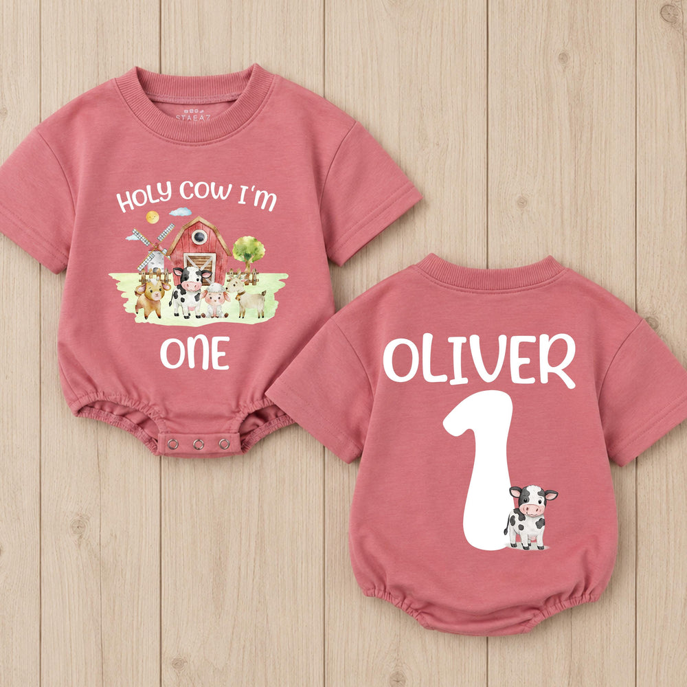 Holy Cow I'm One Birthday Romper with Barnyard Animals Personalized Baby Outfit for First Birthday Party Boy or Girl Farm-Themed Clothes