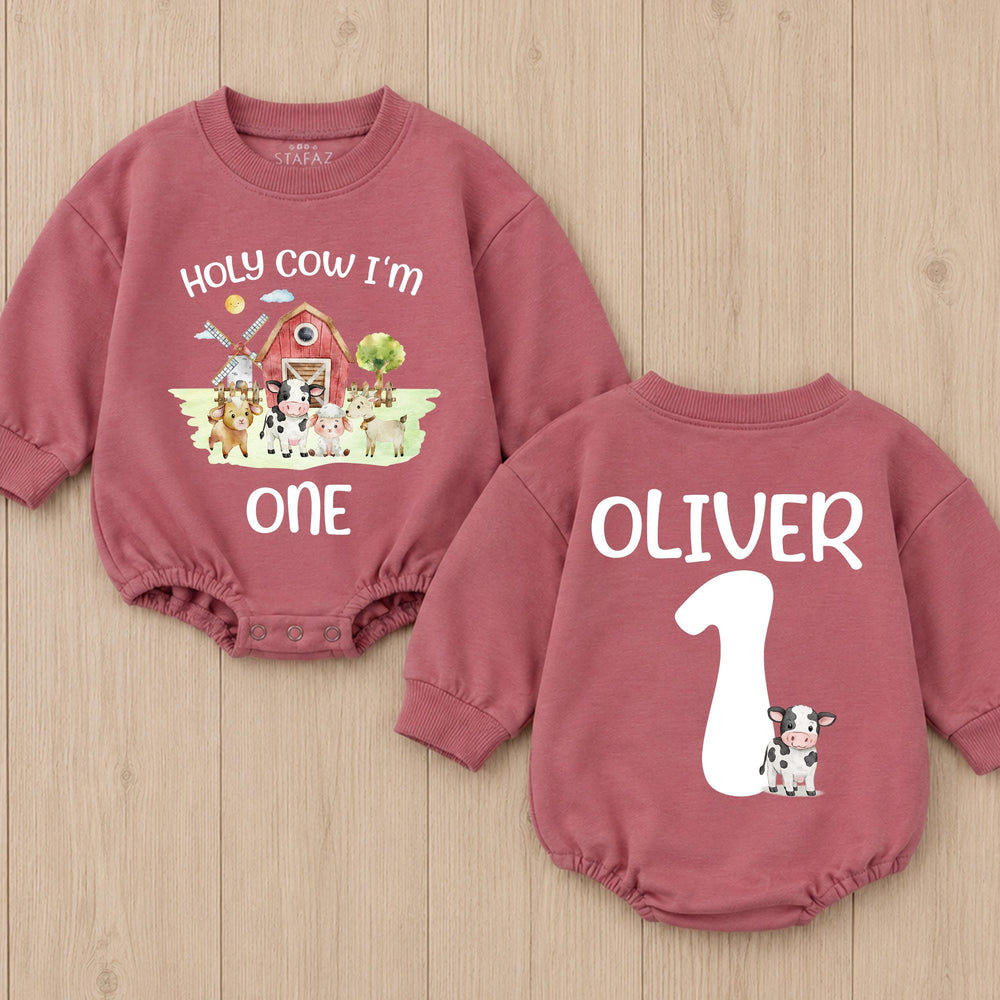 Holy Cow I'm One Birthday Romper with Barnyard Animals Personalized Baby Outfit for First Birthday Party Boy or Girl Farm-Themed Clothes