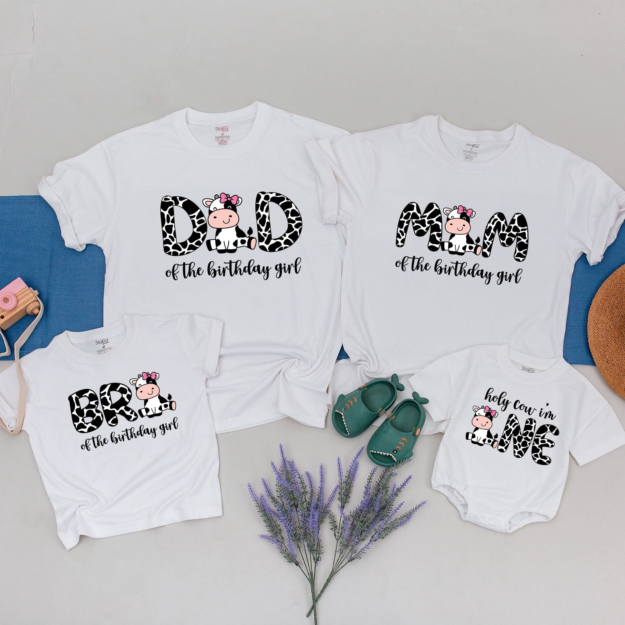 Holy Cow I'm One Birthday Shirts Family Matching Farm Theme Mom Dad Baby Girl Outfit Custom Name Cotton Celebration