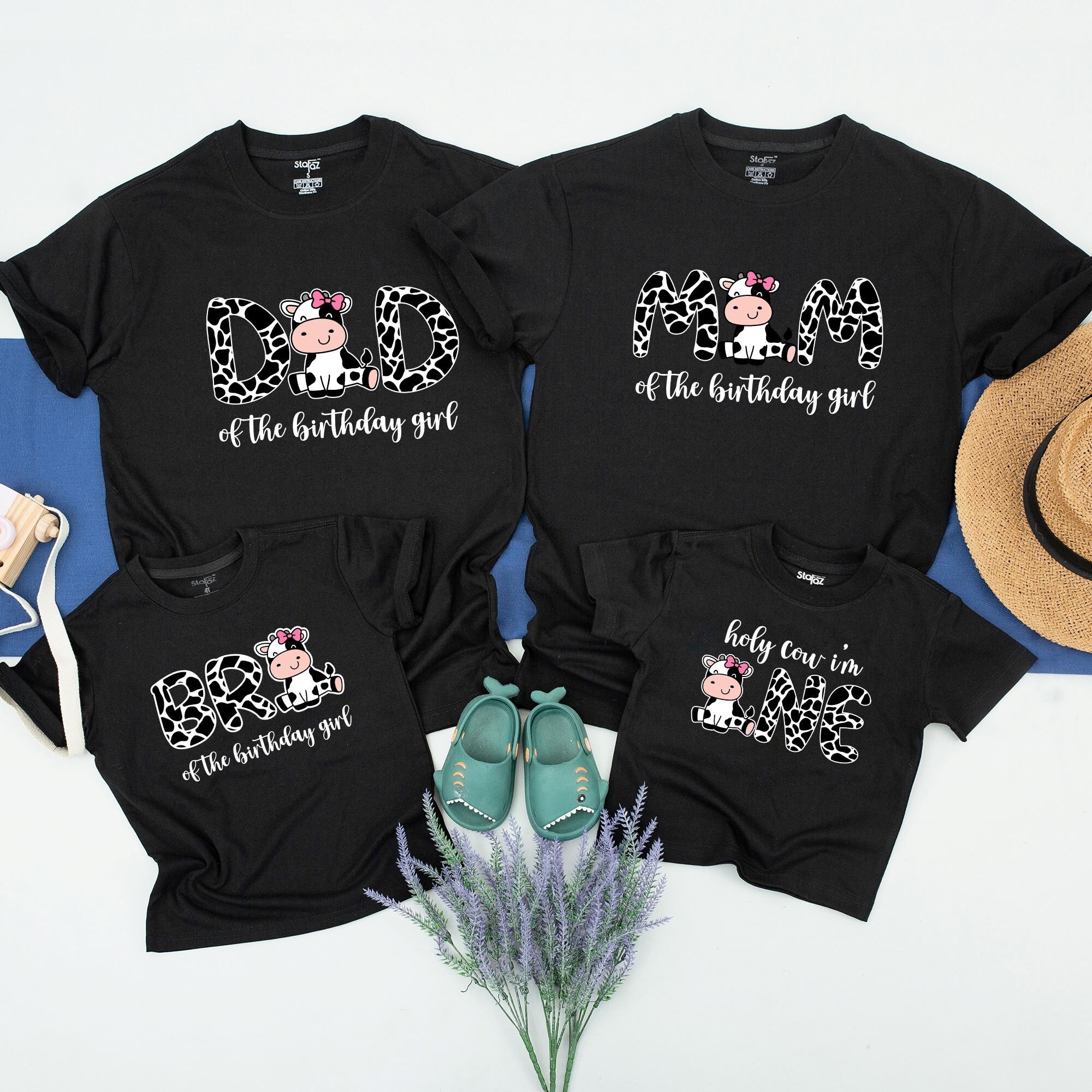 Holy Cow I'm One Birthday Shirts Family Matching Farm Theme Mom Dad Baby Girl Outfit Custom Name Cotton Celebration