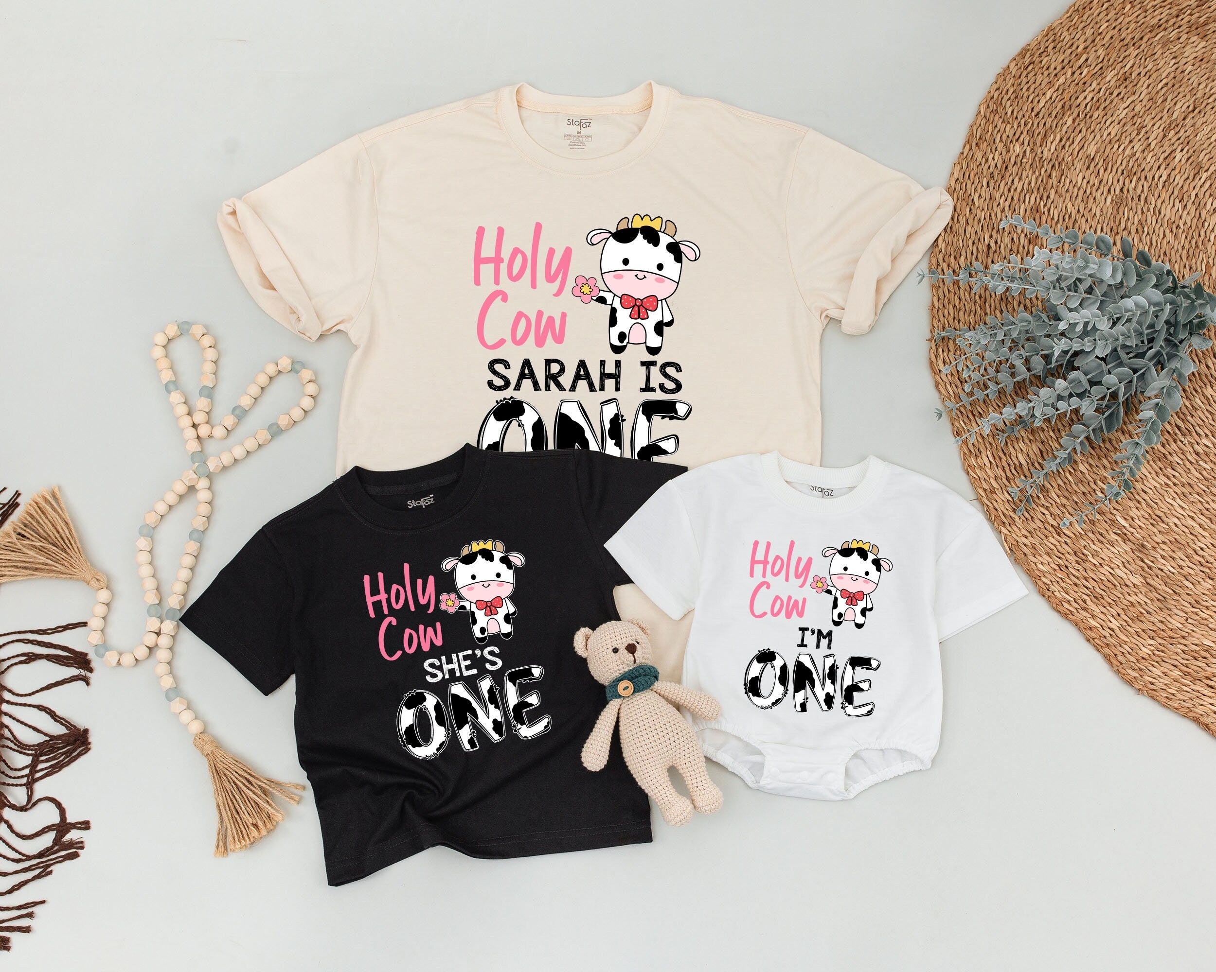 Holy Cow Matching Family Shirts Birthday Outfit Boho Farm Design Customizable Pink Black Playful Cow Graphic First Birthday Celebration
