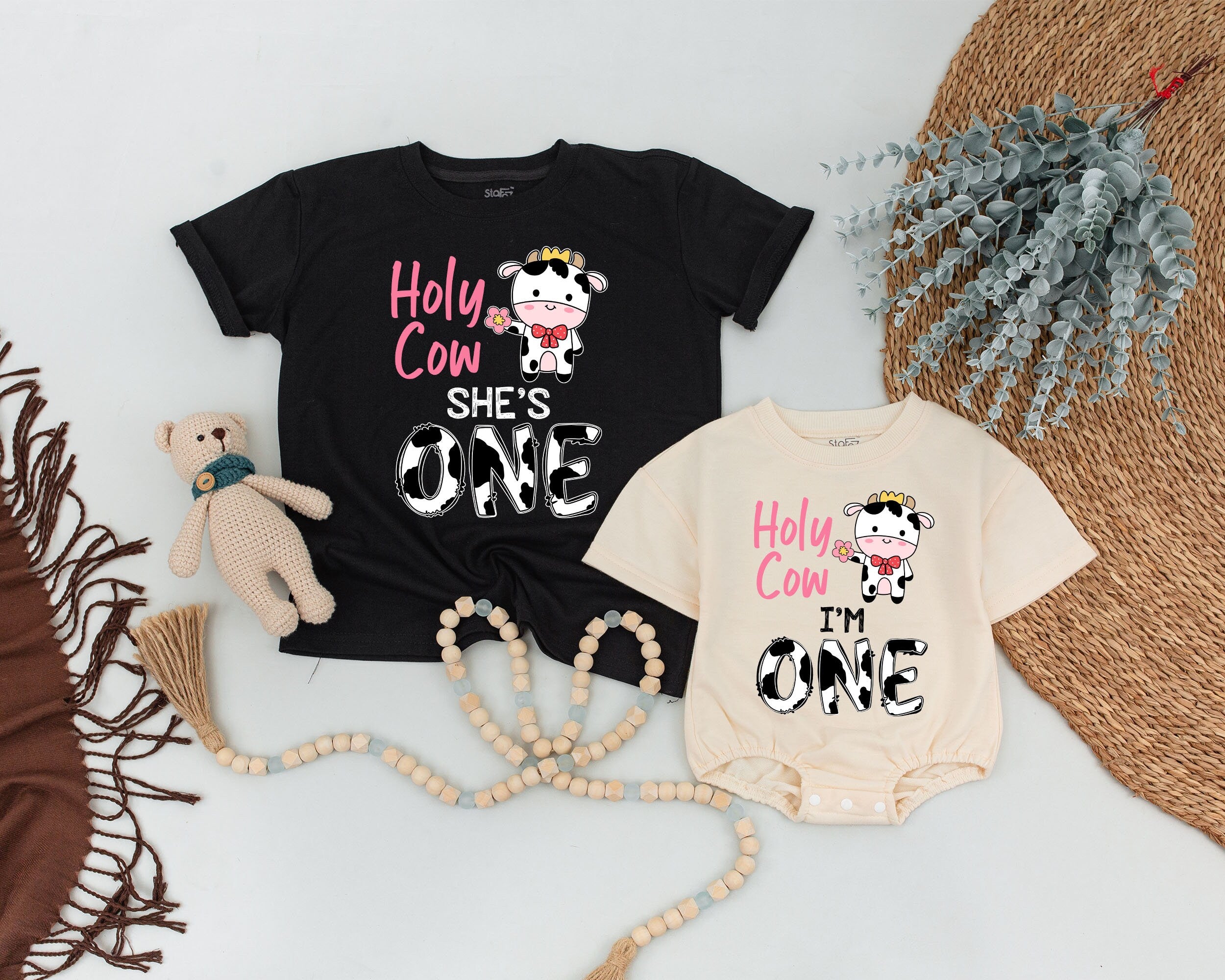 Holy Cow Matching Family Shirts Birthday Outfit Boho Farm Design Customizable Pink Black Playful Cow Graphic First Birthday Celebration