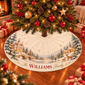 Holy Family Nativity Christmas Tree Skirt with Winter Village Artwork and Custom Name, Religious Holiday Home Decor