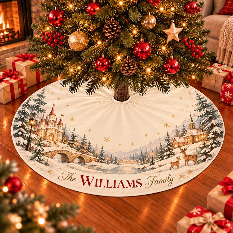 Holy Family Nativity Christmas Tree Skirt with Winter Village Artwork and Custom Name, Religious Holiday Home Decor