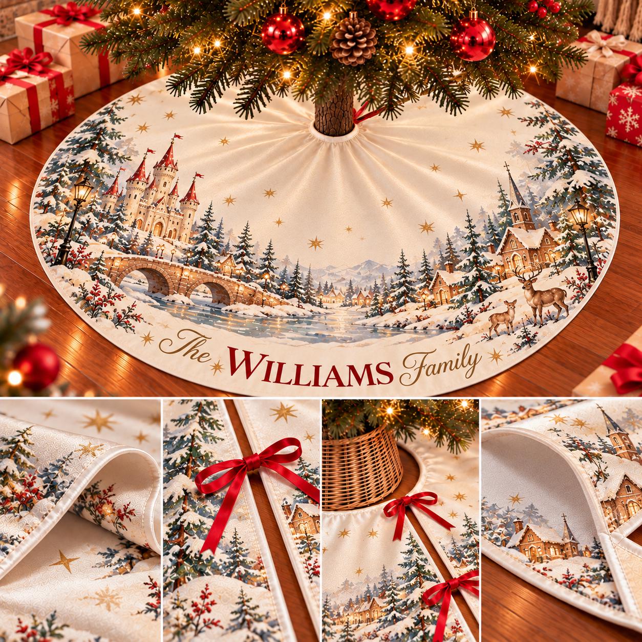 Holy Family Nativity Christmas Tree Skirt with Winter Village Artwork and Custom Name, Religious Holiday Home Decor