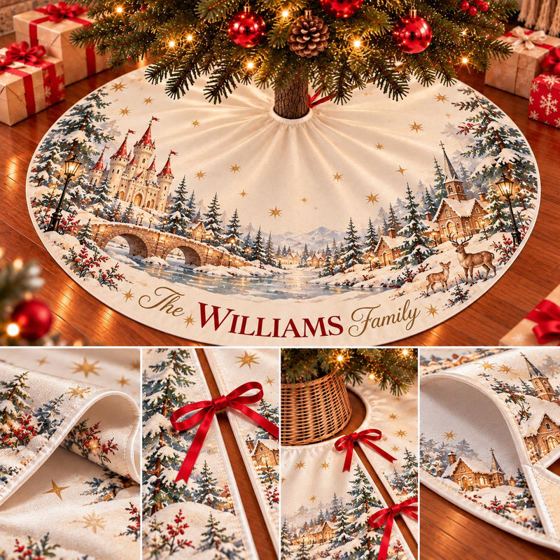 Holy Family Nativity Christmas Tree Skirt with Winter Village Artwork and Custom Name, Religious Holiday Home Decor
